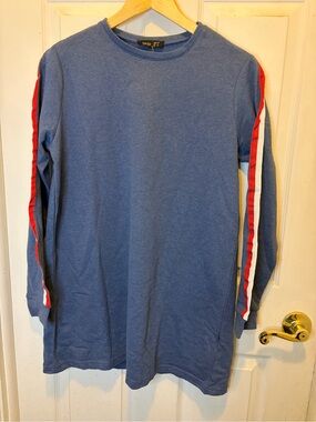 Long Sleeve Crewneck Tee with Red & White Sleeve Stripes - Blue